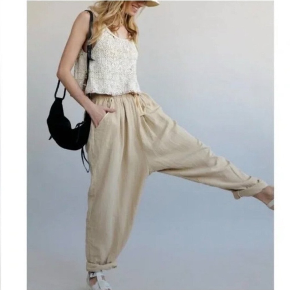 Free People Essential Double Cloth Harem Cotton Linen Blend Pants Size M Beach